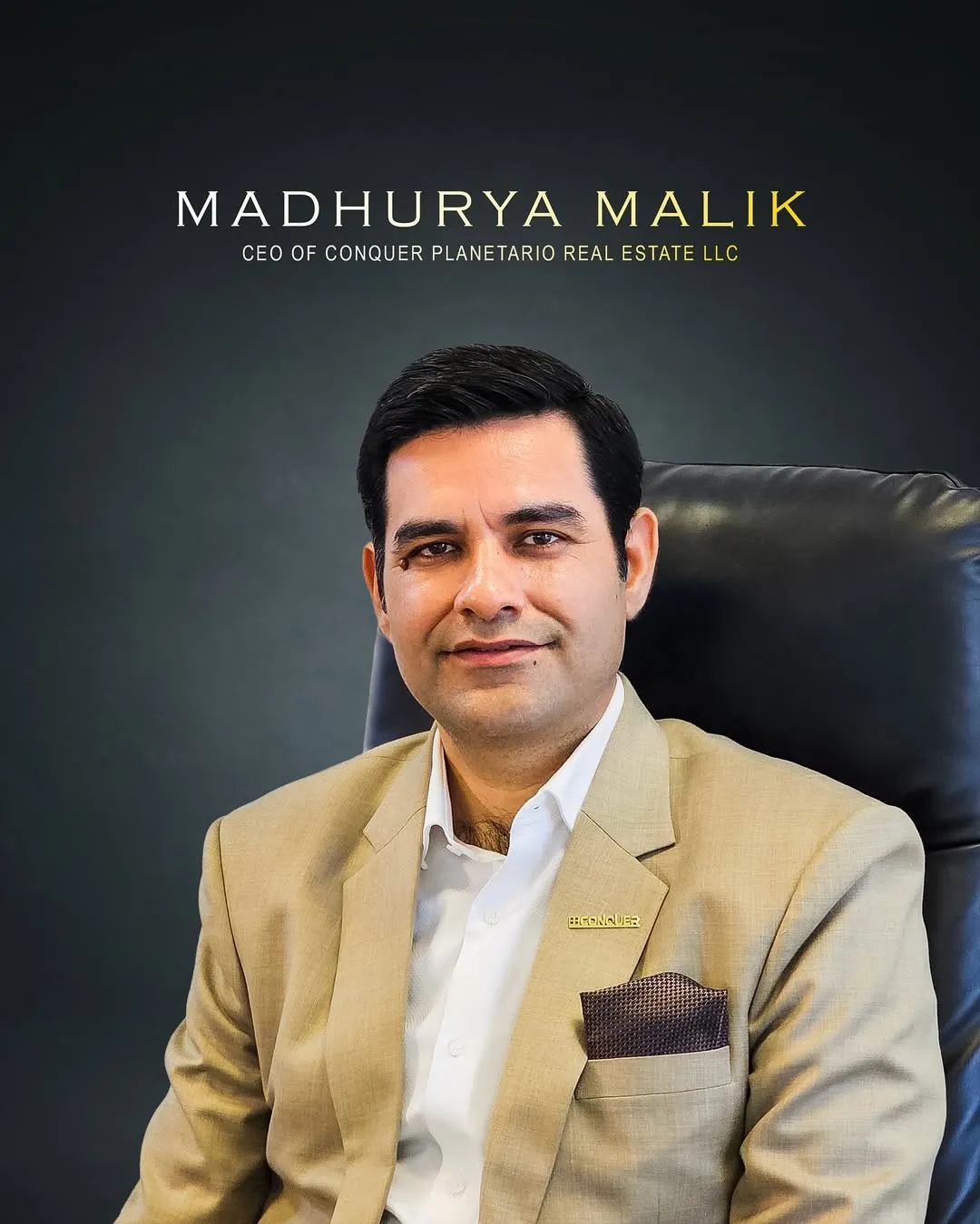 Group of professionals in office wear posing in modern office with city view through large windows