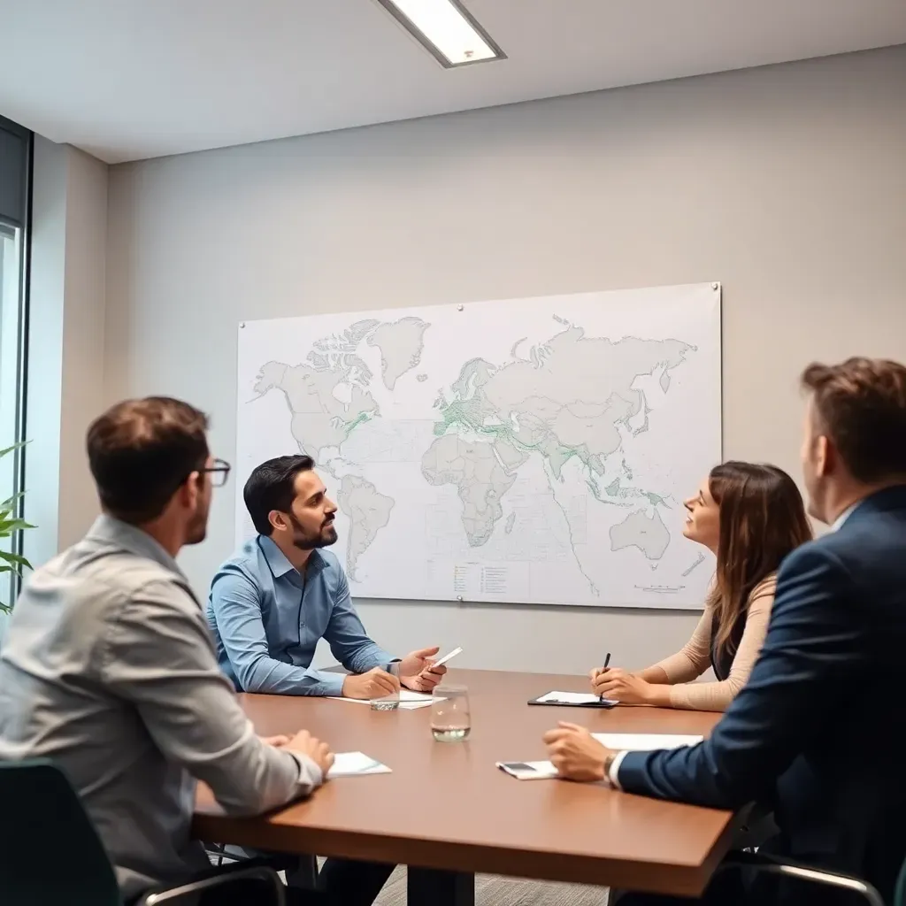 Business meeting with people discussing property map on a wall