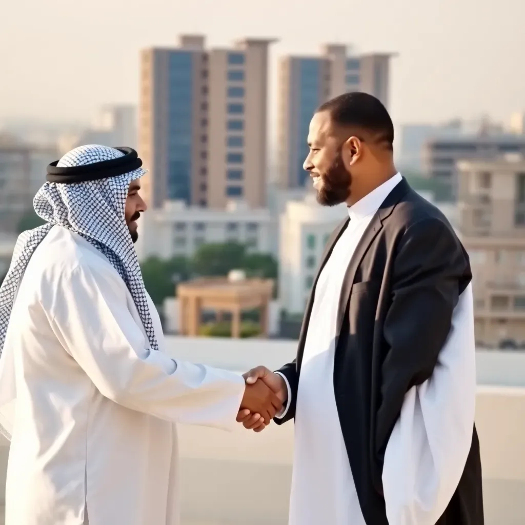 Business handshake between men in traditional Middle Eastern clothing with city buildings in background