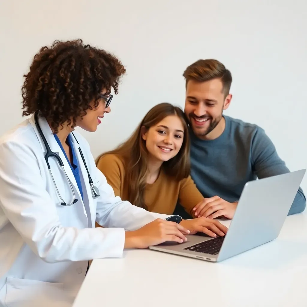 Doctor consulting a young couple with a laptop on a white desk