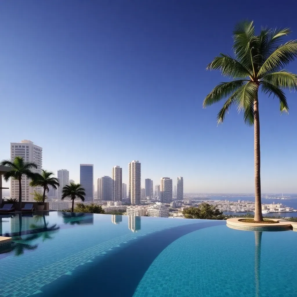 Luxury pool with city buildings and palm trees in the background