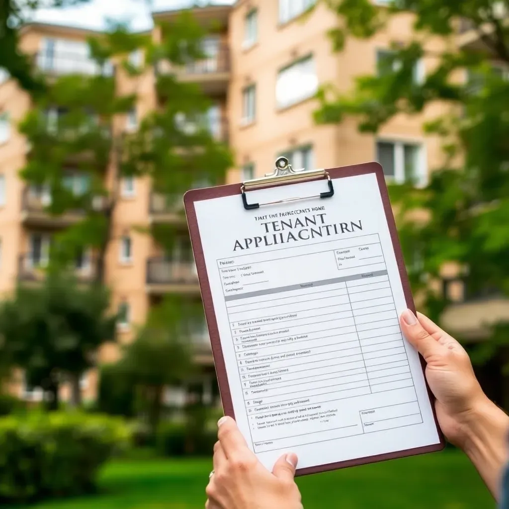 Tenant application form on clipboard held by hands with blurred apartment building and greenery in the background
